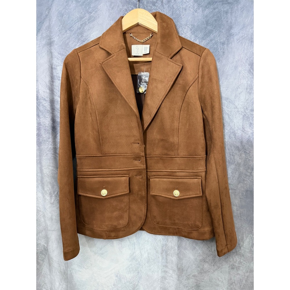 Joie Faux Suede Blazer Brown Gold Crest Button Tailored Jacket XS NEW